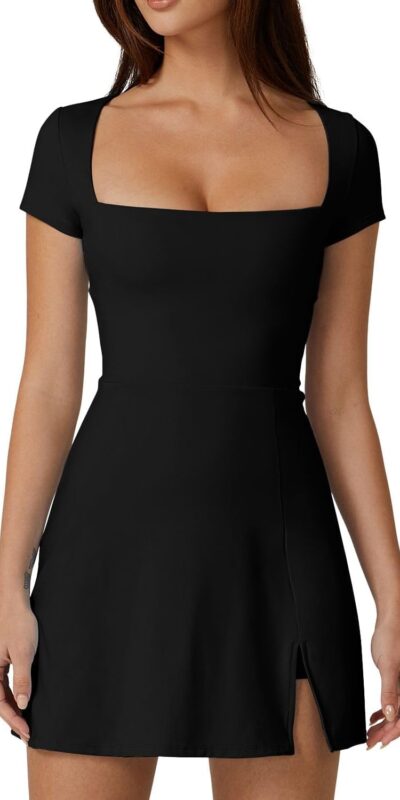 QINSEN Women's Square Neck Tennis Dress with Pockets, Size M