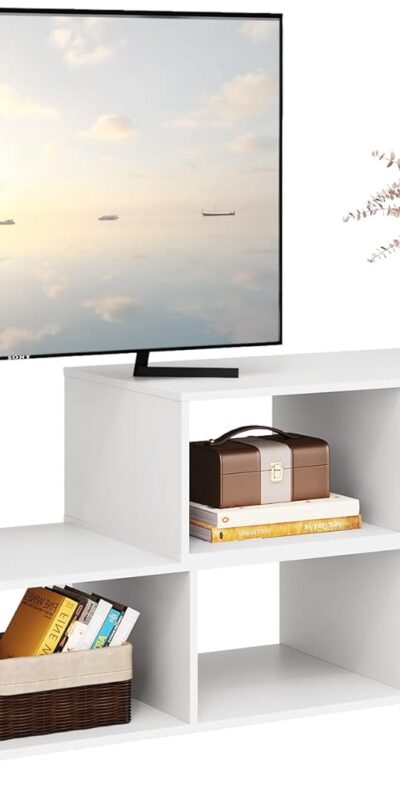 DEVAISE 75-Inch Deformable TV Stand with 3 Cabinets, White