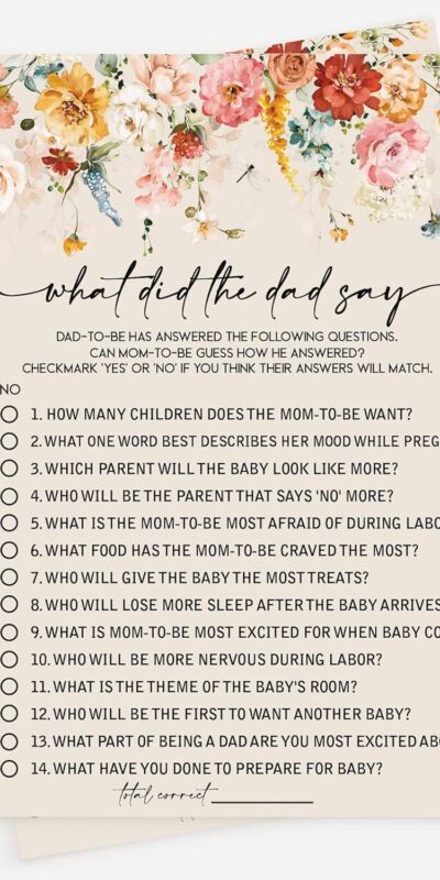 Wildflower Baby Shower Game - 50 Dad Say Cards, Boho Theme