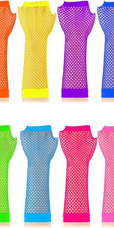 12 Pairs Neon Fingerless Fishnet Gloves for 80s Parties