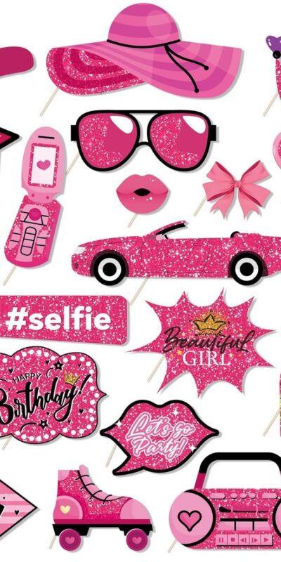 25 PCS Hot Pink Birthday Photo Booth Props for Girls
