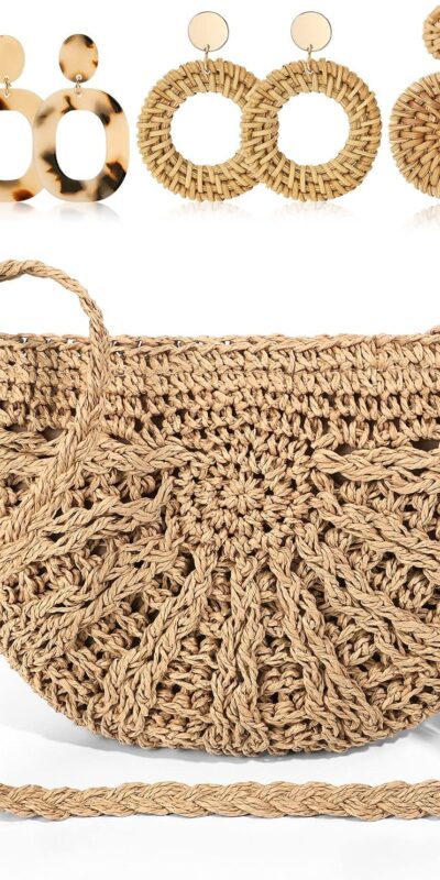 Boho Straw Shoulder Bag with Earrings & Bracelet Set