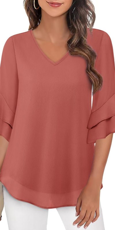 VALOLIA Women's 3/4 Sleeve Double Layer Dressy Blouse