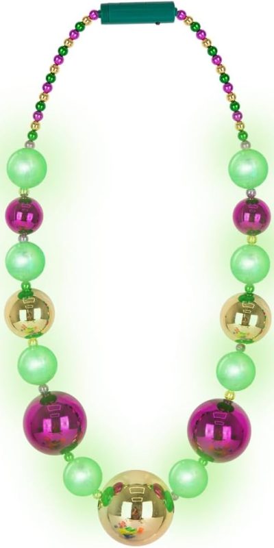 ArtCreativity Large Light Up Mardi Gras Necklace - Mardi Gras Beads in Purple, Green, and Gold - 3 Flashing Modes with Batteries Included - Light Up Mardi Gras Accessories for Costume