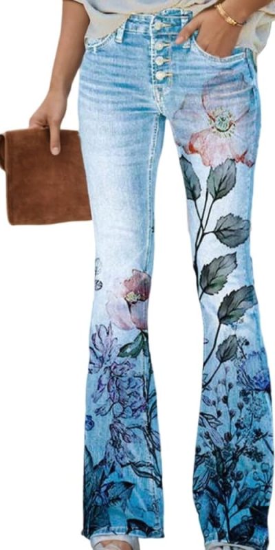 Floral Graphic Denim Palazzo Pants with 2 Pockets, Loose Fit