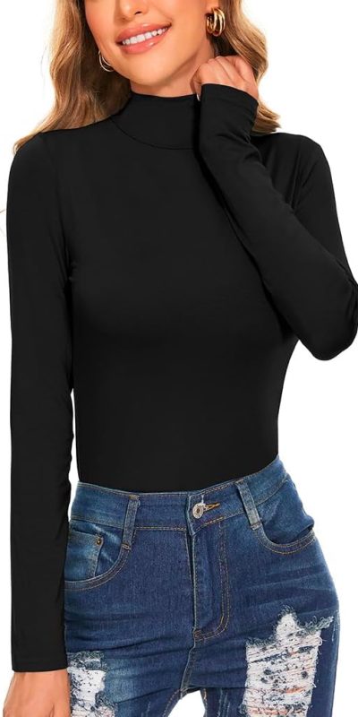 Slim Fitted Women's Long Sleeve Mock Turtleneck Pullover Shirt