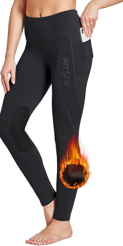 FitsT4 Sports Women's Fleece Lined Riding Breeches Winter Equestrian Pants Knee Patch Horseback Riding Tights Cell Pocket