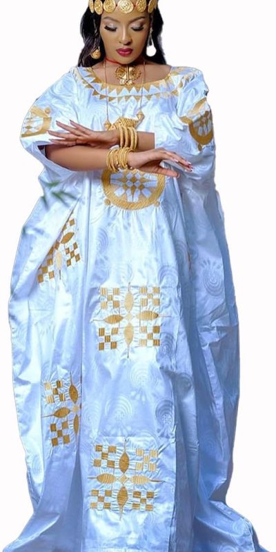 Gold & White African Bazin Rich Boubou Dress - Mix Size