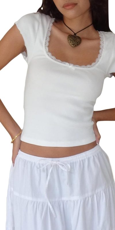 Women Square Neck Shorts Sleeve Cropped T Shirts Slim Fit Lace Trim Crop Top Y2K Ribbed Shirt Going Out Tops Tee