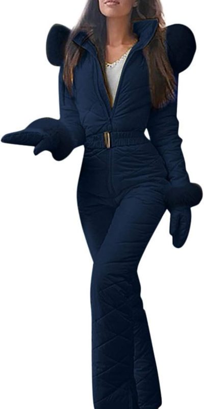 Women Ski Suits Jumpsuits Onesie Winter Outdoor Sports Waterproof Snowsuit One Piece with Hood Removable Fur Collar
