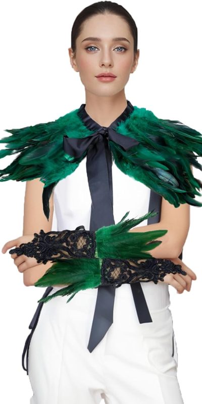 Gothic Black Lace Feather Shawl & Gloves Set for Women