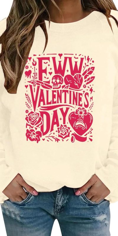 Women's Casual Valentine's Day Printed Round Neck Long Sleeved Sweatshirt (Style 1) Long Sleeve Loose Top