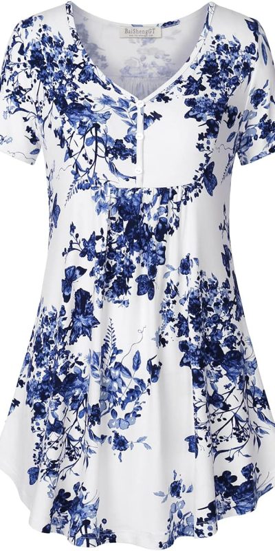 BAISHENGGT Women's Tunic Tops for Leggings Summer Short Sleeve V Neck Button Casual Blouses Flowy T Shirtirt