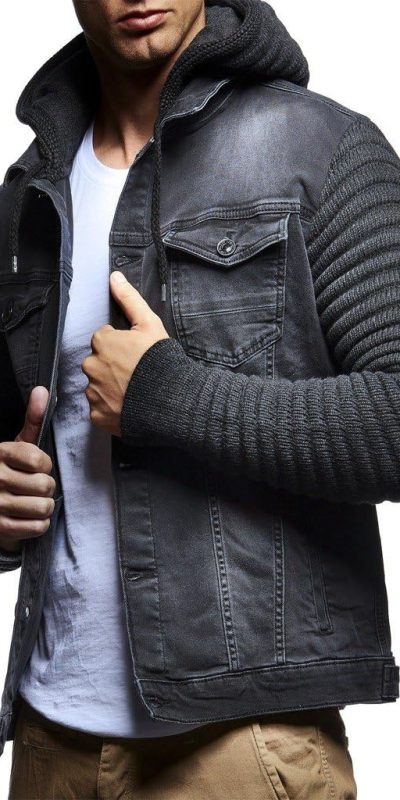 Leif Nelson LN5240 Men's Denim Jacket, Knitted Sleeves, Size M