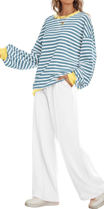 Women's 2 Piece Outfits Striped Color Block Oversized Sweatshirt Wide Leg Sweatpants Trendy Tracksuit Lounge Sets