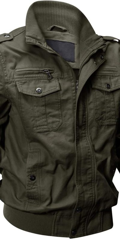 EKLENTSON Men's Cotton Lightweight Multi Pockets Zip Front Stand Collar Military Jackets Windbreaker