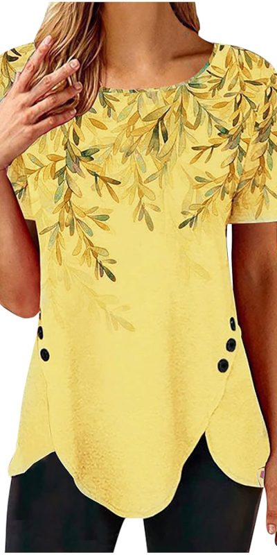 Ceboyel Women's Leaf Print High Low Hem Tunic Top