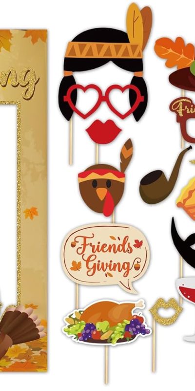 SWYOUN Friendsgiving Party Photo Booth Props Thanksgiving Day Party Supplies Give Thanks Fall Harvest Party Decorations with Turkey Paper Frame (Pack of 24)