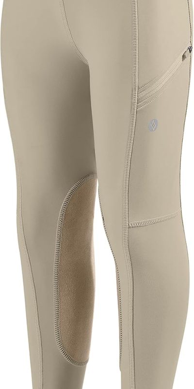 SANTINY Girls Horse Riding Pants with Zipper Pockets Kids Stretchy Equestrian Breeches Knee-Patch Youth Schooling Tights