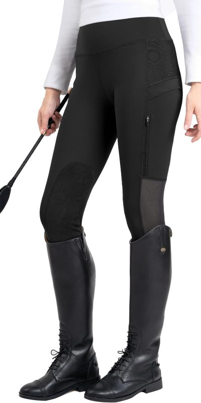 FitsT4 Sports Women's Riding Tights with Zipper Pockets Knee-Patch Cooling Mesh Equestrian Breeches Horse Schooling Pants