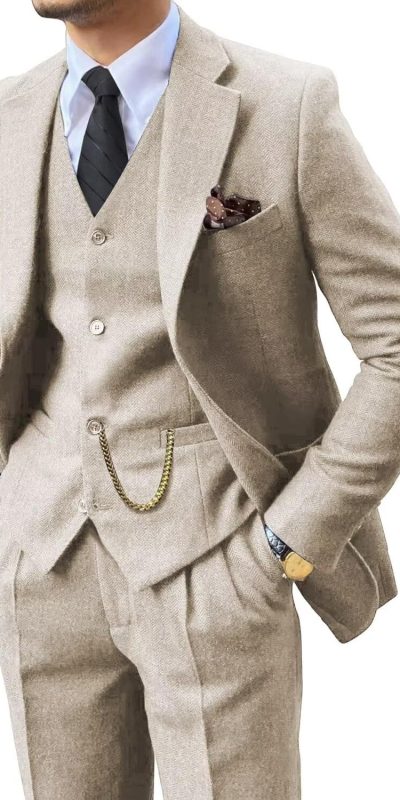 Fxzpiodi Herringbone Tweed 3 Piece Mens Suits Wool Blend Formal Party Dinner Tuxedo Set Business Suit Jacket Blazer Vest Pants for Men Beige M