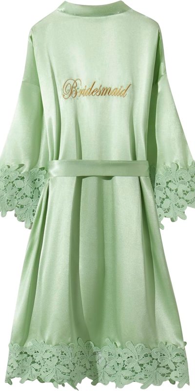Crystal Dew Women's Lace Trim Bridal Satin Kimono Robe