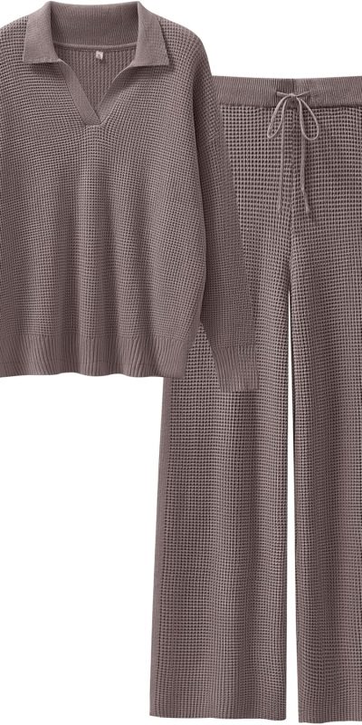 ANRABESS Womens Two Piece Outfits Sweater Sets Waffle Knit Pullover Wide Leg Pants Tracksuit Sweatsuits Matching Lounge Set