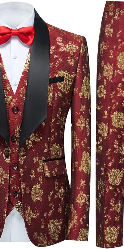 Tuxedo Suits for Men 3 Piece Regular Fit Suit Floral Pattern Blazer Jacket Waistcoat Pants Men Suit Set for Wedding