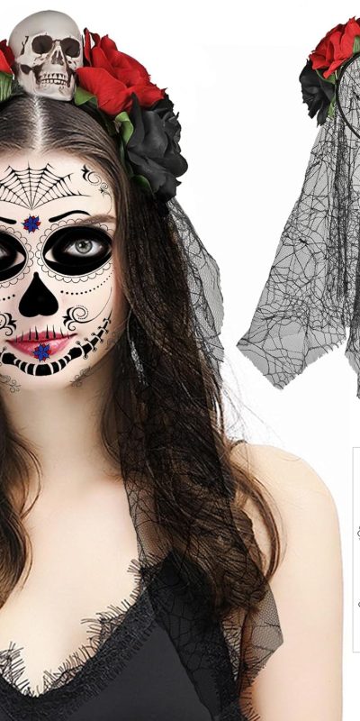 HOWAF Halloween Headband Day of The Dead Rose Headdress Festival Headpiece Cosplay, Halloween Floral Headband Women Ladies Adults Halloween Fancy Dress Costume Accessory