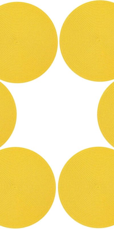 Topotdor 14 Inch Round Placemats Stain Resistant Anti-Skid Washable Polyproplene Table Mats Placemats (Yellow, Set of 6)