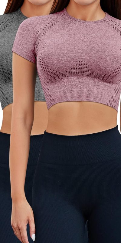 Women Workout Crop Top Short Sleeve Seamless Athletic Shirt Yoga Fitness Tight Tee Gym Cropped Tank Tops