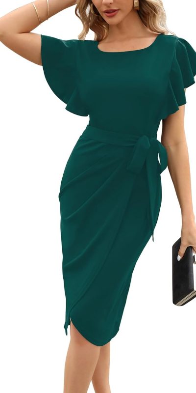 HELYO Women's Elegant V-Back Ruffle Sleeve Sheath Dresses Belted Ruched Elegant Casual Work Cocktail Party Dress