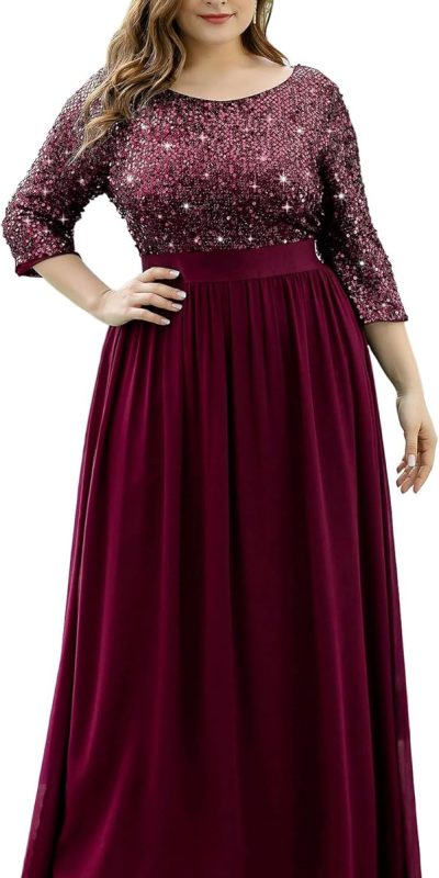Ever-Pretty Women's Round Neck Maxi Dresses Sequin Plus Size Formal Dresses for Women Burgundy-1 US20