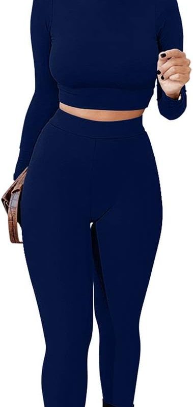 GOKATOSAU Women's Sexy 2 Piece Outfits Long Sleeve Crop Top Pants Set Club Jumpsuits