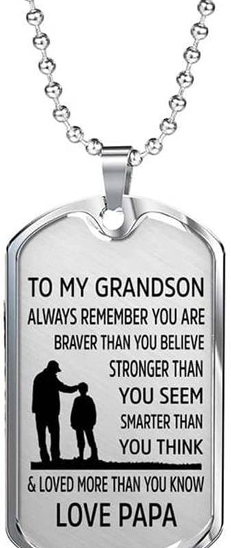 To My Grandson Necklace, Always Remember You are Braver Pendant Necklace, Stainless Steel Dog Tag Inspirational Gifts