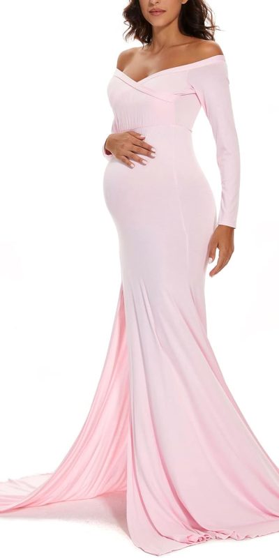 Maternity Photography Props Off Shoulder Long Dress Pregnancy Gown for Baby Shower Photo Shoot