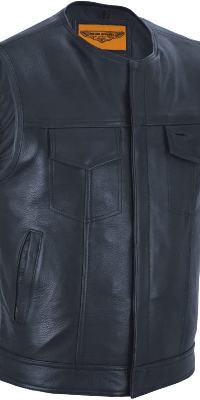 SOA Mens Genuine Leather Motorcycle Vest with Multiple Pockets, Black Biker Cut for Riding
