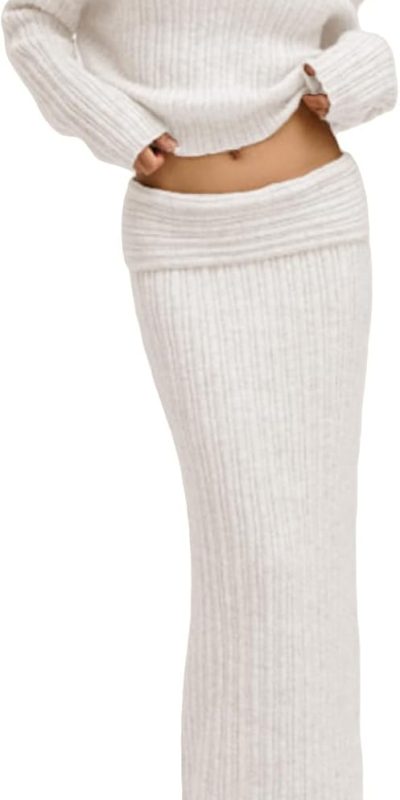 Unybwonn Skirt Sets Women 2 Piece Outfits off the Shoulder Sweater and Knitted Skinny Maxi Skirts Fall Casual Outfits