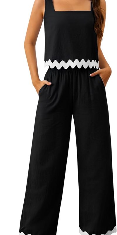 Women's 2 Piece Outfits Summer Sets Linen Sleeveless Crop Tank Top Wide Leg Pants Cruise Vacation Lounge Matching Sets