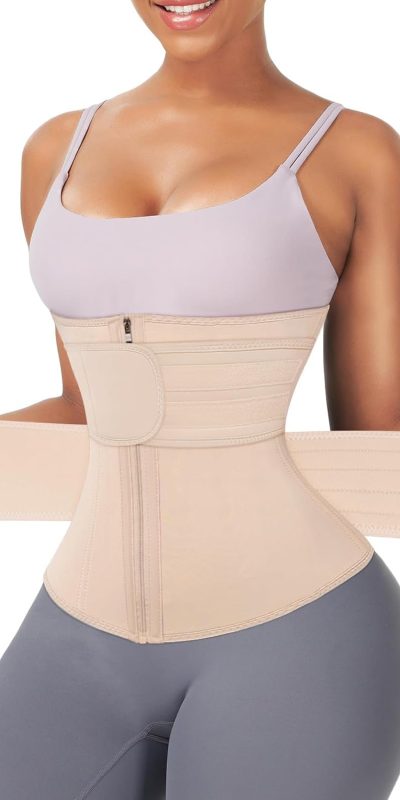 FeelinGirl Waist Trainer for Women Belly Fat Long Torso Sauna Workout 2 Belt With Zipper 7 Steel Bones Corset