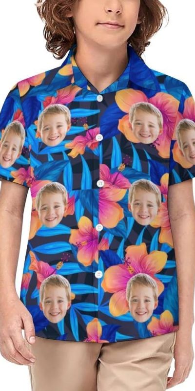 Custom Photo Face Little & Big Boy's Button Down Hawaiian Shirts Short Sleeve Cool Floral Pineapple Tops T-Shirt for Kids