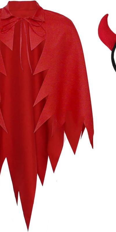 PURFUN Spooky Red Devil Cloak Hairband Set Men Women Scary Vampire Demon Red Cape Poncho Devil Horns Headband Headwear Cosplay Halloween Costume Outfits Accessories Dress Up Party Prop Supplies