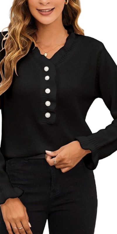 MakeMeChic Women's Pearl Beaded Long Sleeve Sweater V Neck Ruffle Trim Knitted Pullover Tops