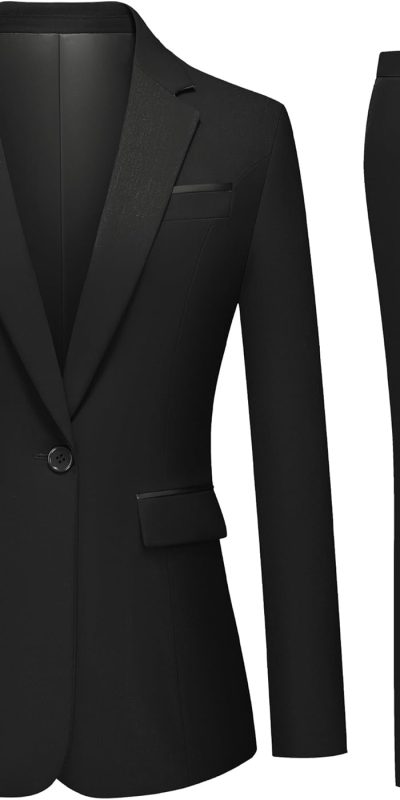 Womens 2 Piece Pants Suit Solid Notch Lapel One Button Slim Fit Blazer Jacket Elastic Waist Pants Tuxedo Set