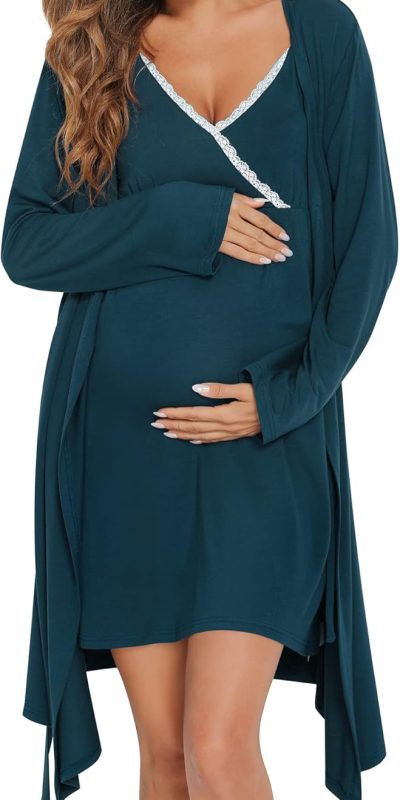 SWOMOG Womens Maternity Robe 2 Piece Nursing Nightgown for Breastfeeding 3 in 1 Labor Delivery Nursing Dress Lace Bathrobe