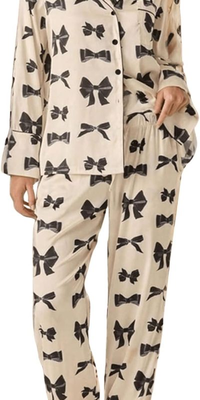 SHENHE Women's Pajamas Set Bow Print Long Sleeve Button Down Shirt and Pants Cute Comfy Pjs Set