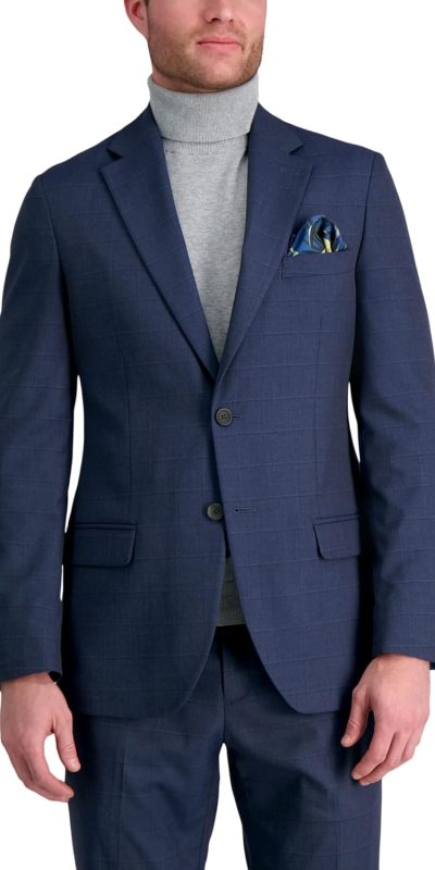 J.M. Haggar Men's JMH Premium Stretch Tailored Fit Suit Separate Pants, Blue Windowpane-Jacket, 46 R
