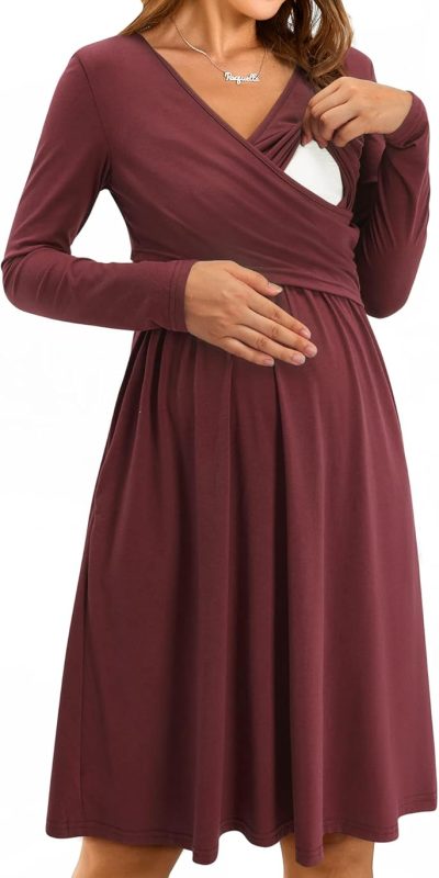 OUGES Womens 2025 V-Neck Maternity Dresses Nursing Breastfeeding Baby Shower Dress