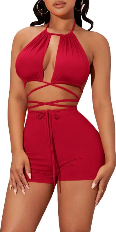 SOLY HUX Women's Sexy 2 Piece Outfits Criss Cross Halter Tie Back Crop Top and Biker Shorts Set