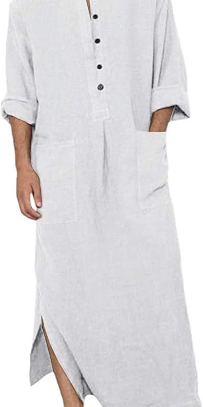 Jacansi Men's Button up Cotton Robe Long Sleeve Kaftan Thobe Long Gown Casual Shirt for Beach